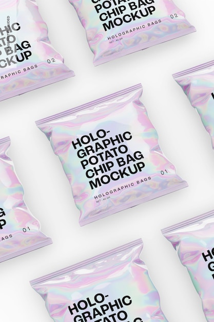 PSD holographic potato chip bags mockup, mosaic