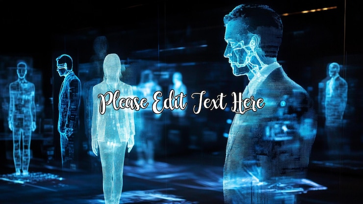 PSD holographic projections of businesspeople in a dark room showcasing futuristic technology and digital networking