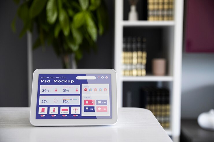 PSD home automation app mock-up on a tablet