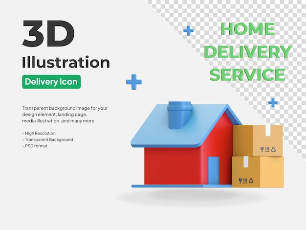 PSD Коробка посылки службы доставки на дом перед значком двери 3d визуализации иллюстрации