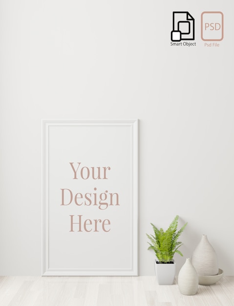 Home interieur poster mock up met frame op de vloer en witte muur achtergrond. 3D-weergave.