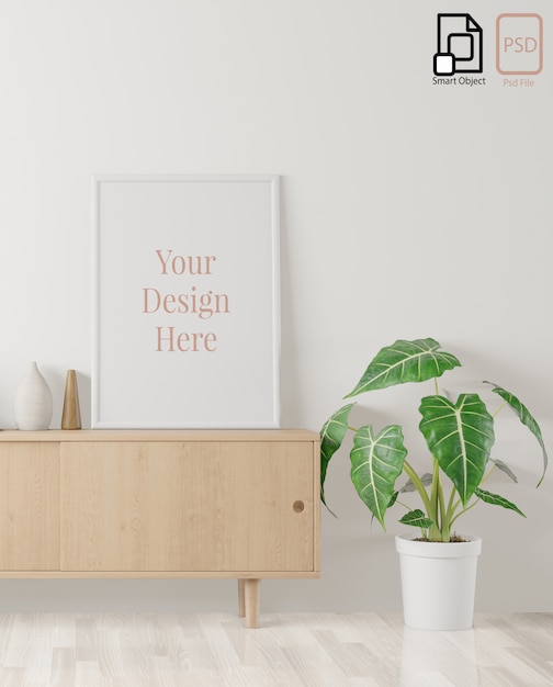home interior poster mock up with frame on the half sideboard and white wall background. 3d rendering.