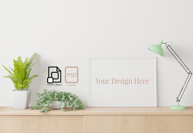 PSD home interior poster mock up with frame on the sideboard and white wall background.