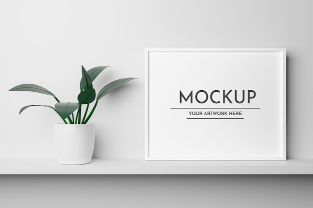 Mockup di poster per interni di casa con cornice bianca con paesaggio con piante ornamentali in vaso psd premium