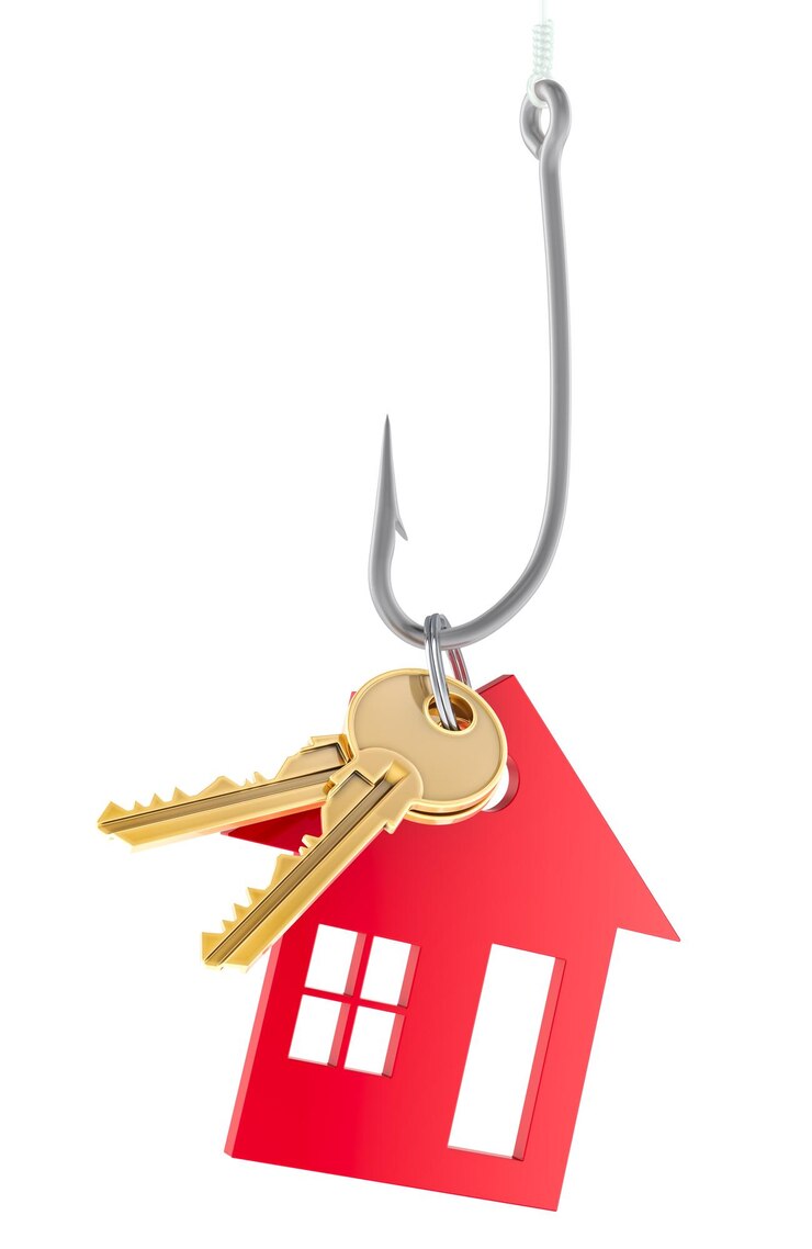 Home Key on the fishing hook 3D rendering isolated on transparent background