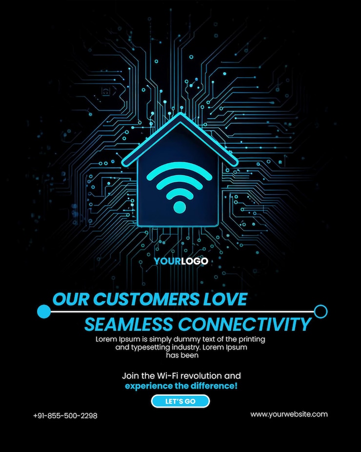 PSD home network mesh system poster template with a blue circuit board and a house icon on a black background