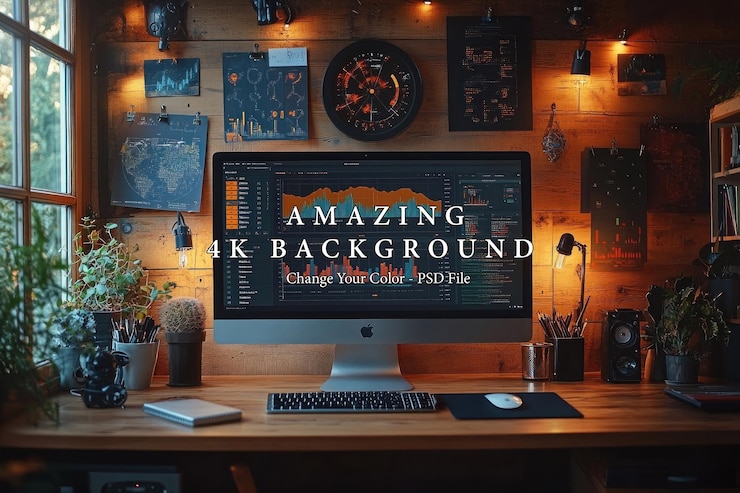 PSD home office desk with computer and charts