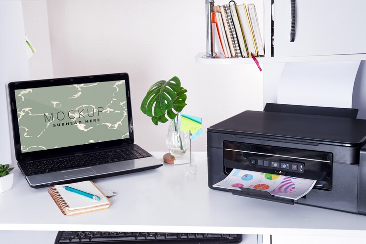 PSD home office desk with laptop, leaves and printer