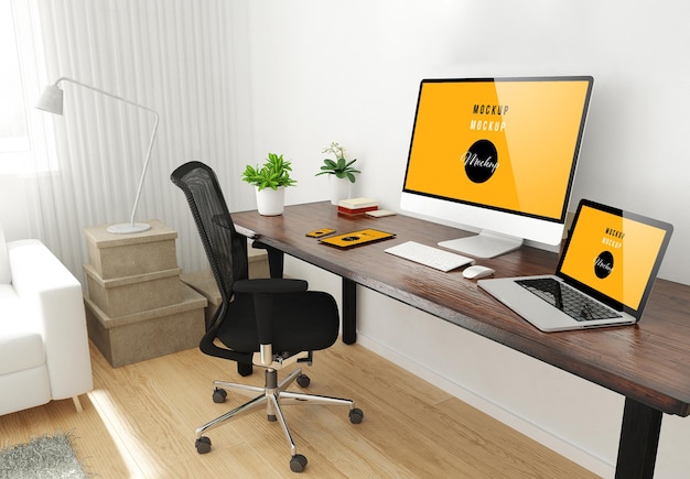 Home office desktop set up 3d rendering