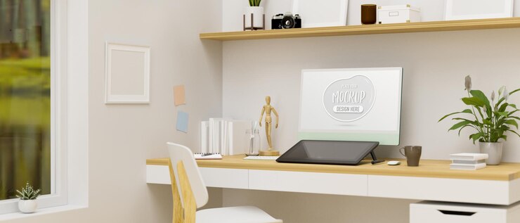 PSD home office room interior design with computer drawing tablet decorations and wooden furniture 3d rendering