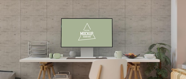 Home office with desktop computer mockup paper filling tray headphone on table concrete wall