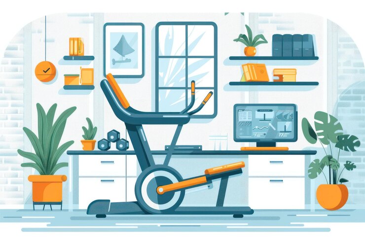 PSD home office with an exercise bike and desk