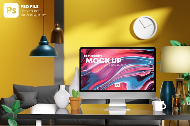 Home office area di lavoro computer desktop pc modello mockup mobili parete gialla rendering 3d