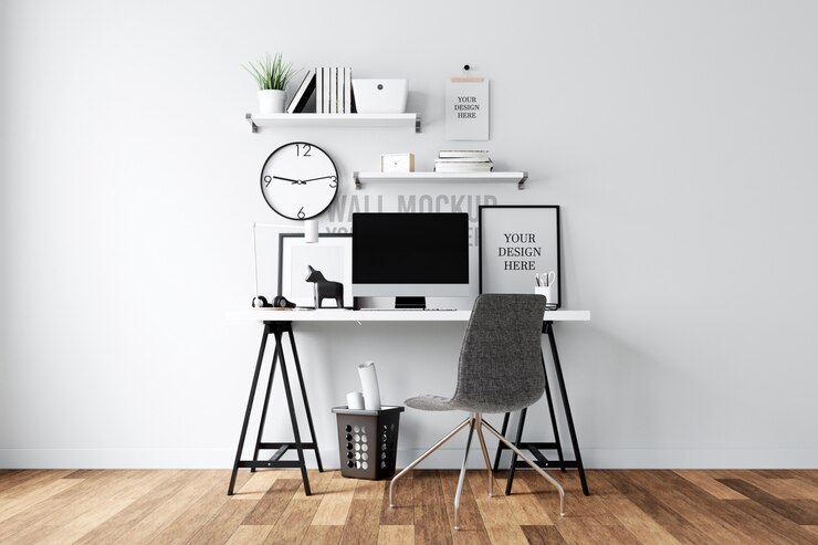 PSD home office workspace interior wall mockup