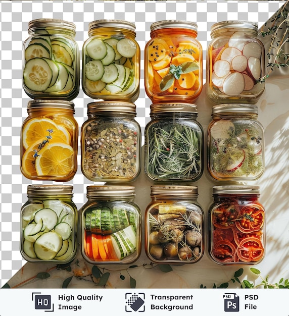 Home pickling and fermenting set up on a transparent background with sliced cucumbers a clear jar and a glass jar