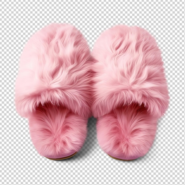 Home pink fluffy footwear slippers cut out on transparent