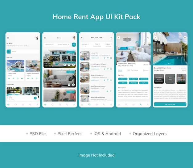 PSD home rent app ui kit pack