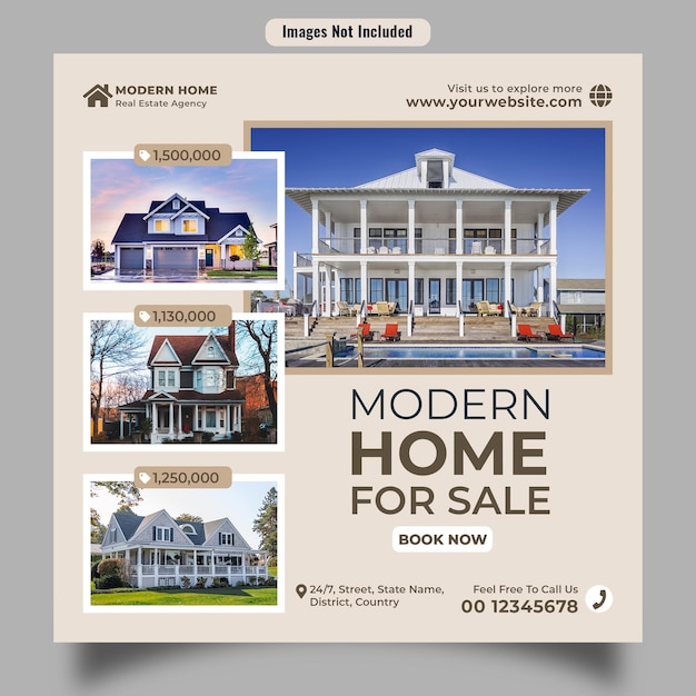 Home sale bannerpost met verschillende huizen inclusief prijskaartje