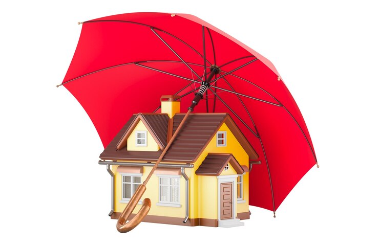 PSD home security and protection concept house under umbrella 3d rendering isolated on transparent background