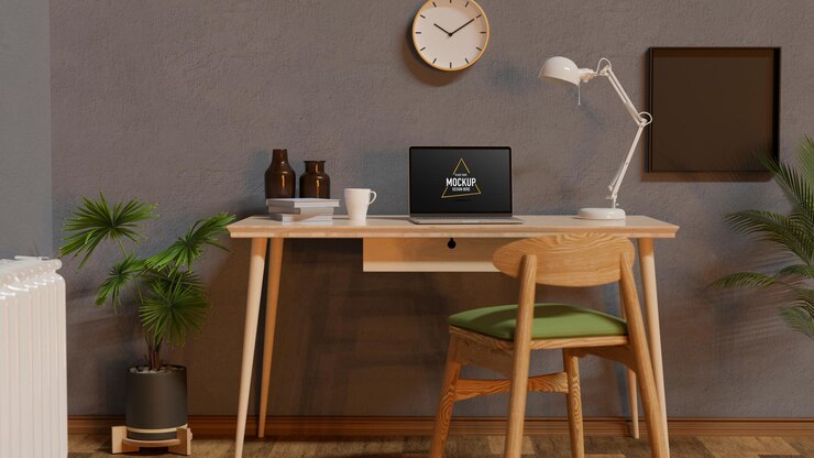PSD home working space interior design with laptop and supplies on the desk