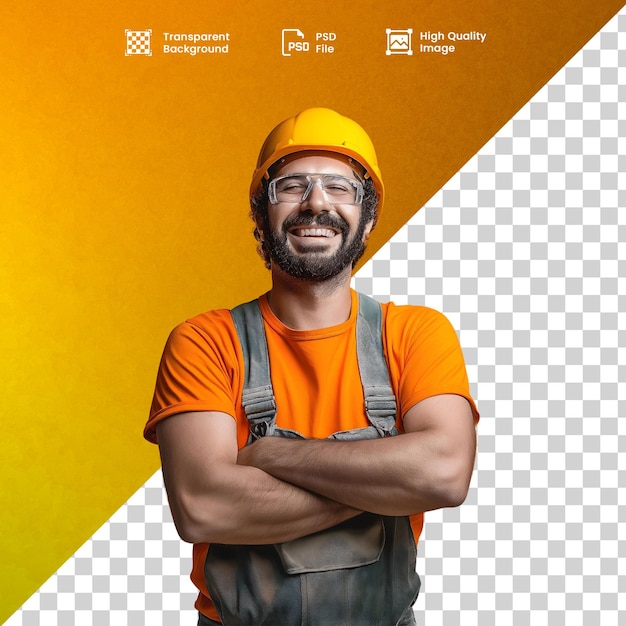 Homem sorridente com capacete e oculos de seguranca vestindo uniforme laranja de bracos cruzados