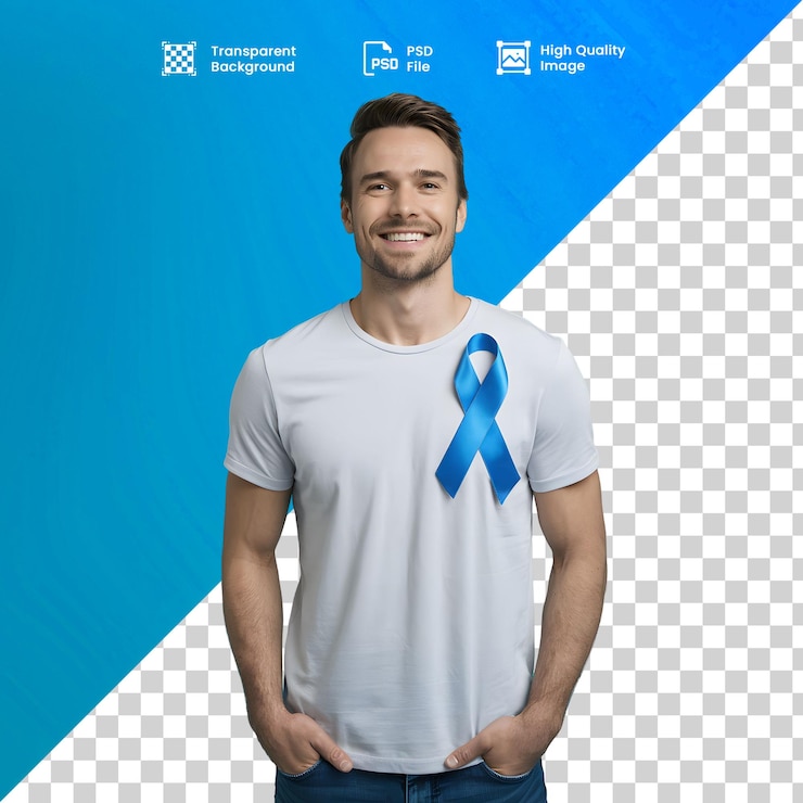 PSD homem sorrindo com fita azul na camiseta e fundo transparente