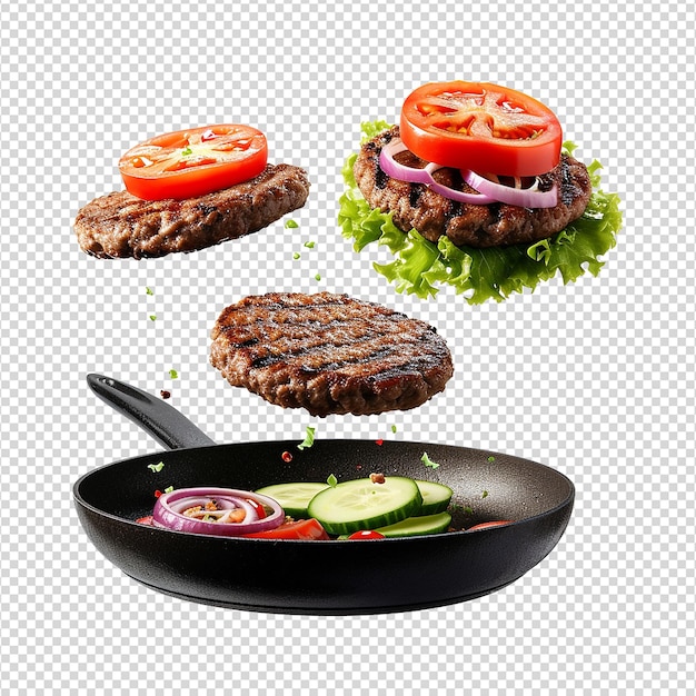 PSD homemade burger flying in a frying pan isolated on transparent background