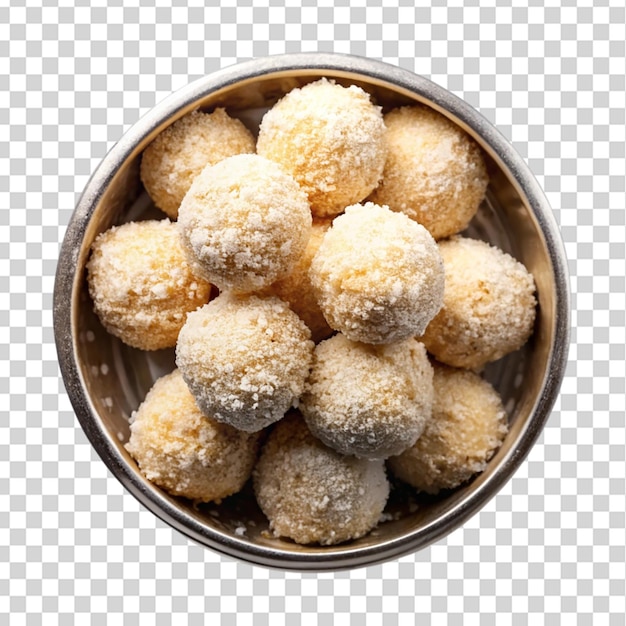 homemade coconut bites in metal bowl top view isolated on transparent background