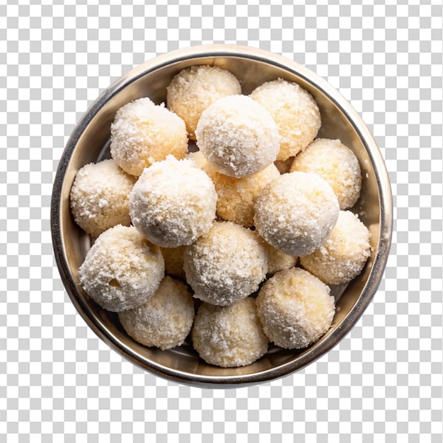 homemade coconut bites in metal bowl top view isolated on transparent background