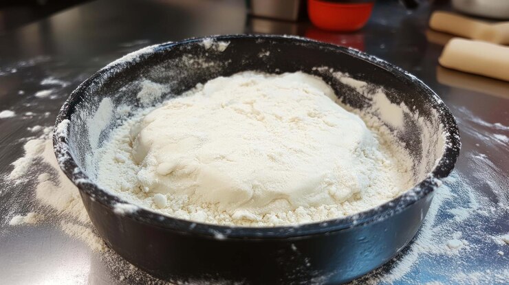 PSD homemade dough preparation a closeup view of flour and dough in a dark pan