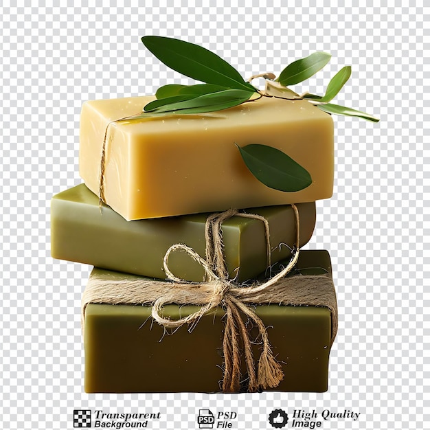 PSD homemade olive oil soap tied with jute rope isolated on transparent background