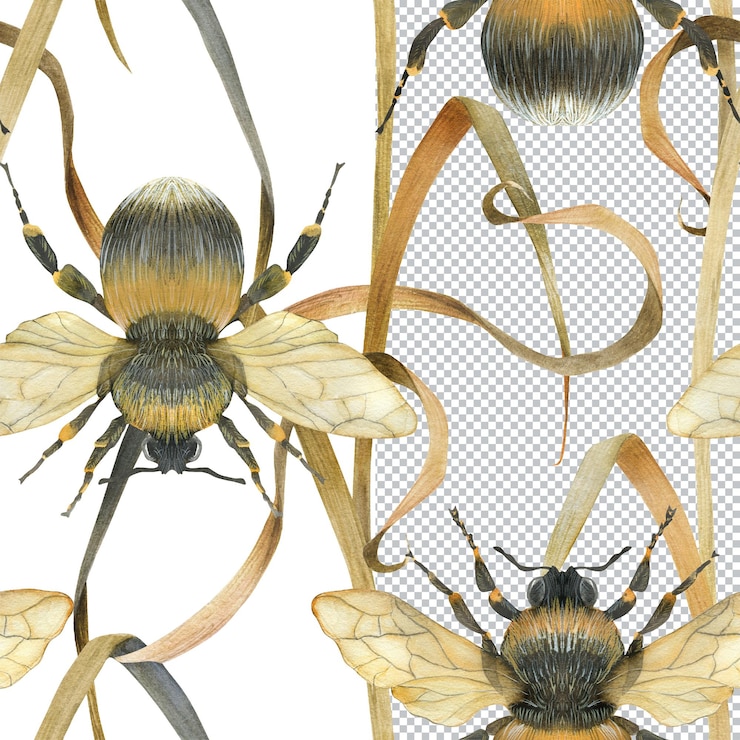 PSD hommel en plant naadloos patroon. aquarel natuur illustratie voor verpakking, kaart en textiel