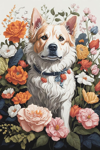 Hond met bloemen op de kleurrijke achtergrond