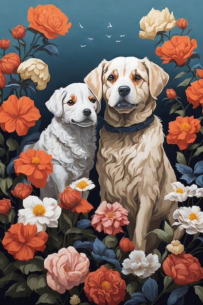 Hond met bloemen op de kleurrijke achtergrond