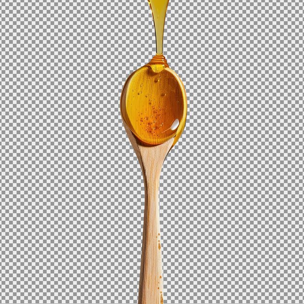 PSD honey dripping from wooden honey dipper isolated on white background