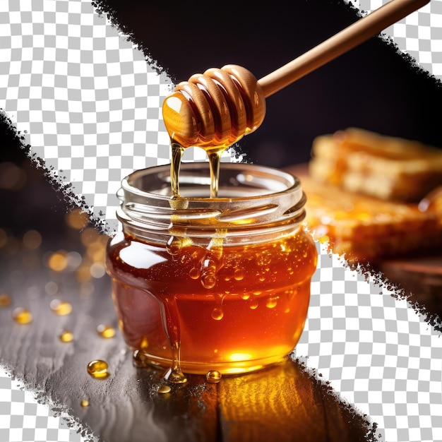 PSD honey flowing from a wooden dipper into a jar on a transparent background