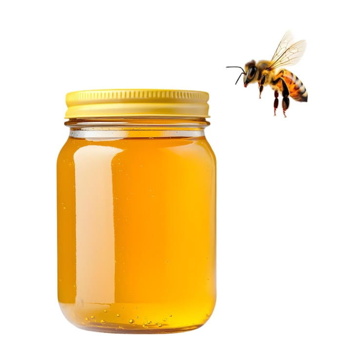 PSD honey jar with bee flying around natural sweetness and freshness