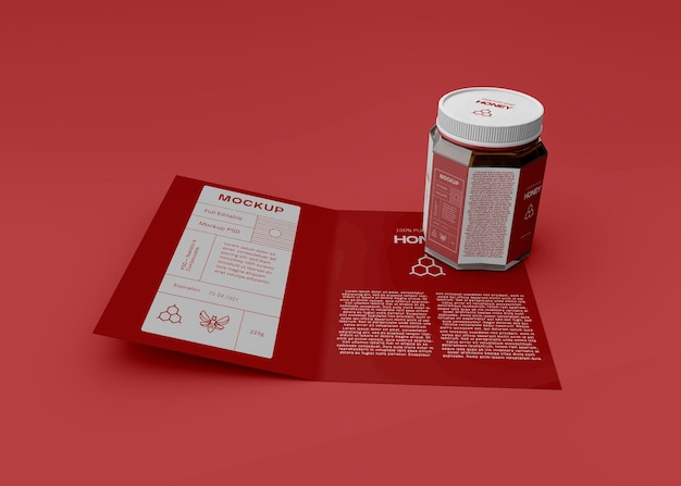 Honey jar with brochure mockup