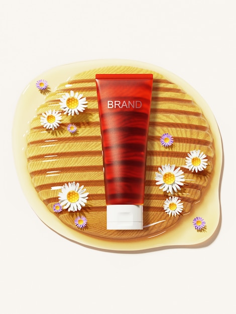 Honey product on honeycomb with flowers