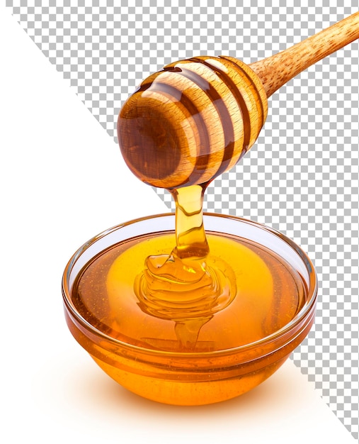 PSD honey stick and bowl of pouring honey isolated