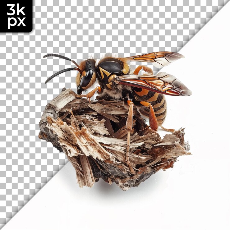 PSD honeybee in a birds nest on transparent background