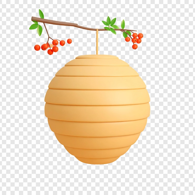 PSD honeycomb lantern hanging from branch with berries