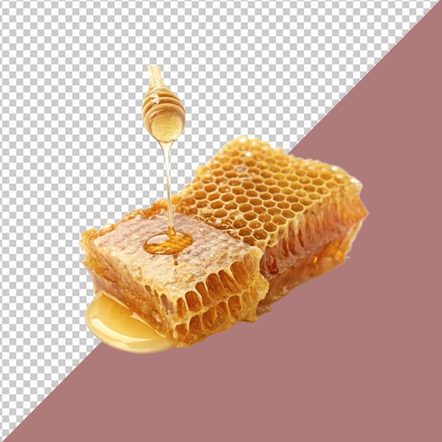 a honeycomb piece dripping with honey on a transparent background