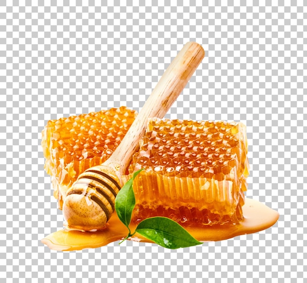 honeycomb with honey dipper and leaf isolated organic product from the nature for healthy with traditional style png transparency