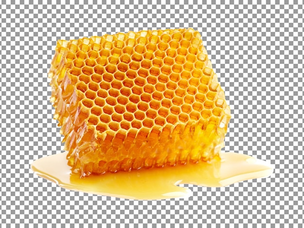 Honeycomb with honey drop on floor isolated on transparent background