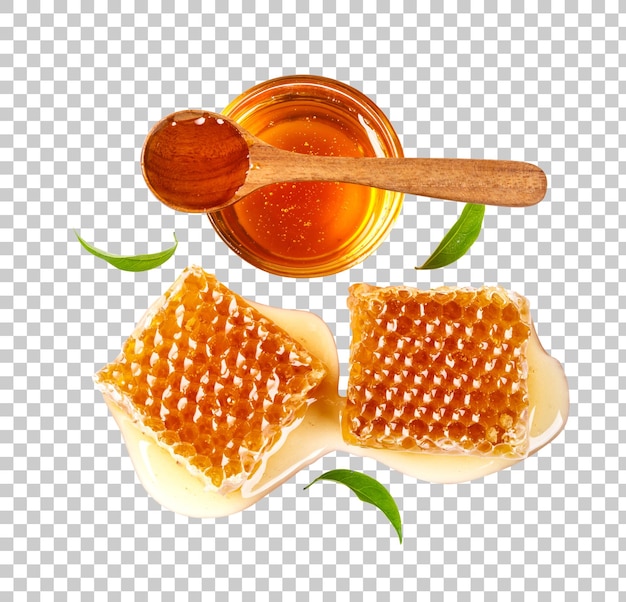 PSD honeycomb with honey spoon and leaf isolated organic product from the nature for healthy with traditional style png transparency