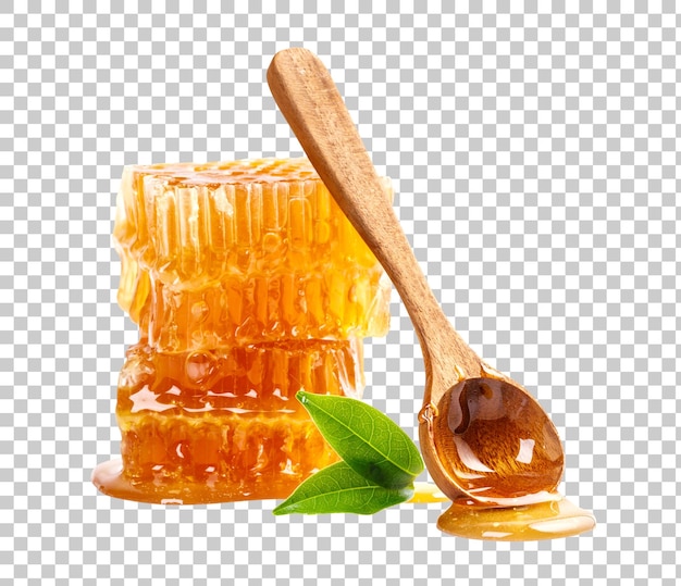 PSD honeycomb with honey spoon and leaf isolated organic product from the nature for healthy with traditional style png transparency