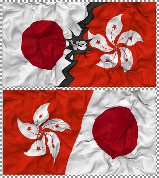 Hong Kong vs Japan Half Combined Flag Cloth Bump Texture Rendering 3D (Hong Kong przeciwko Japonii)