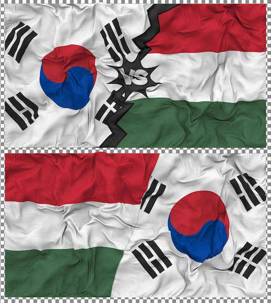 Hongarije versus Zuid-Korea Half Combined Flag Cloth Bump Texture 3D Rendering