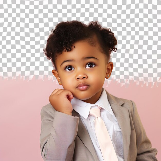 PSD a honored toddler woman with short hair from the african american ethnicity dressed in database administrator attire poses in a gentle hand on cheek style against a pastel cream background